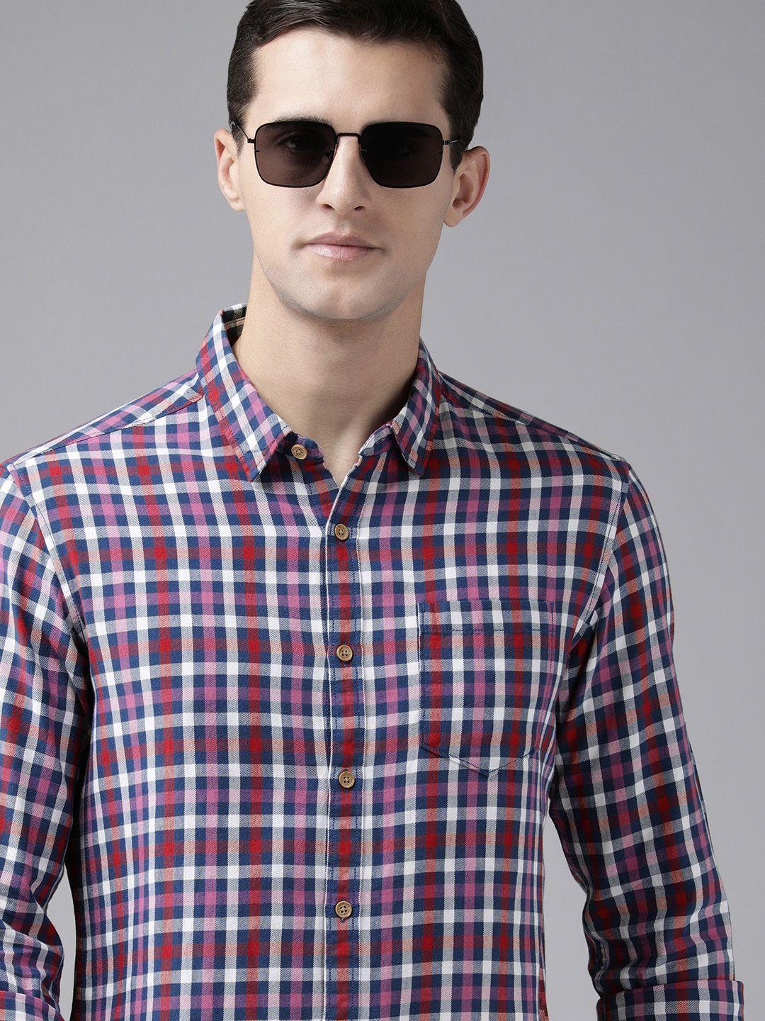 beat london by pepe jeans men multicoloured howard slim fit checked pure cotton shirt