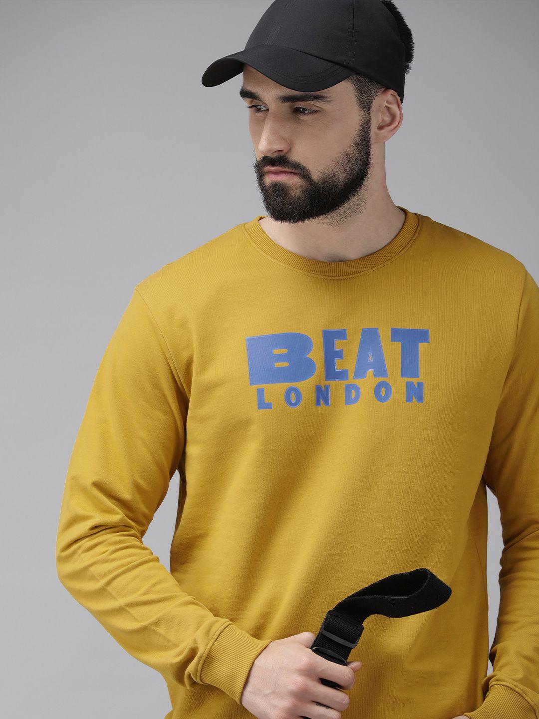 beat london by pepe jeans men mustard printed pure cotton pullover sweatshirt