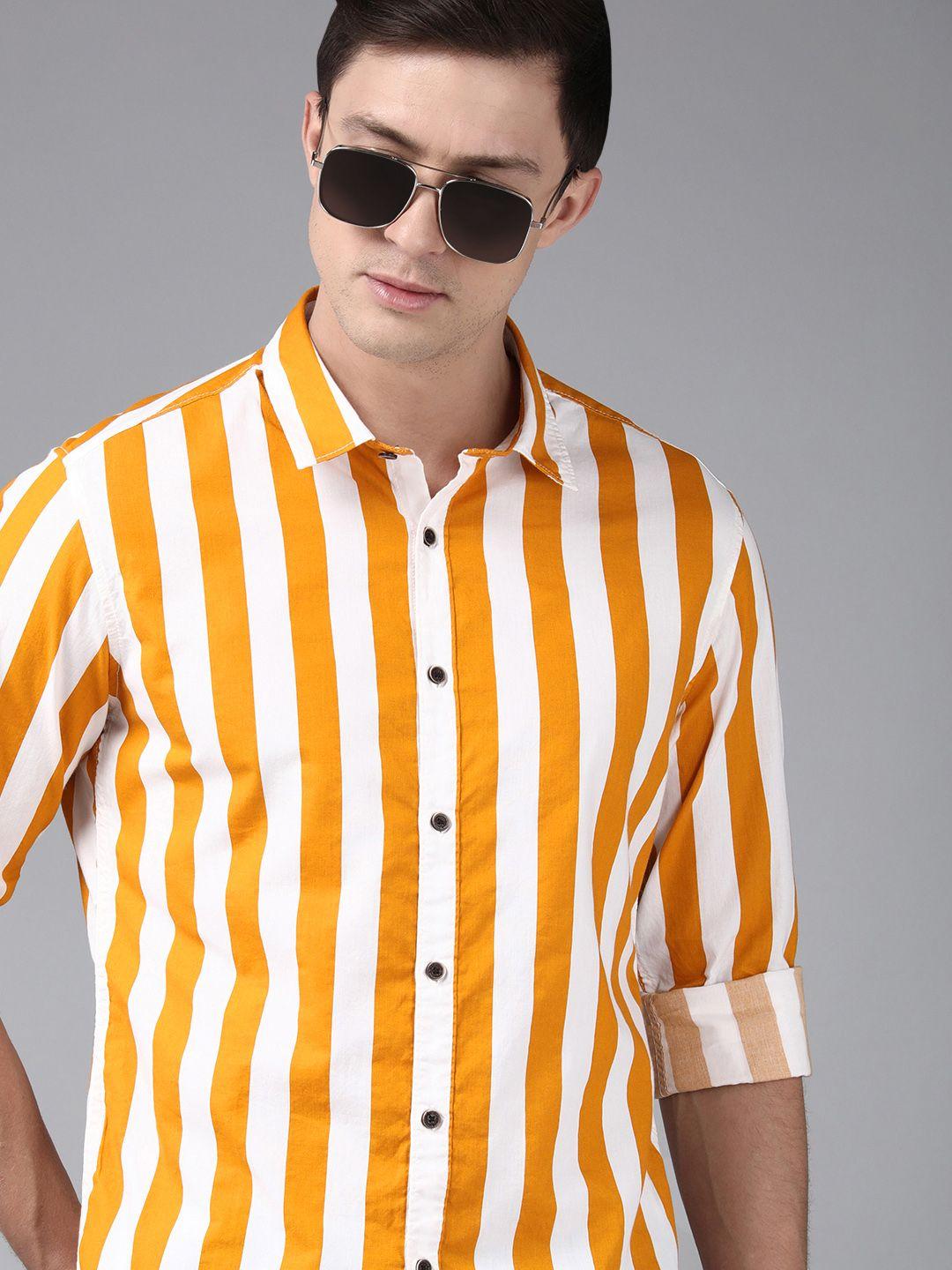 beat london by pepe jeans men mustard yellow classic slim fit bengal stripes opaque shirt