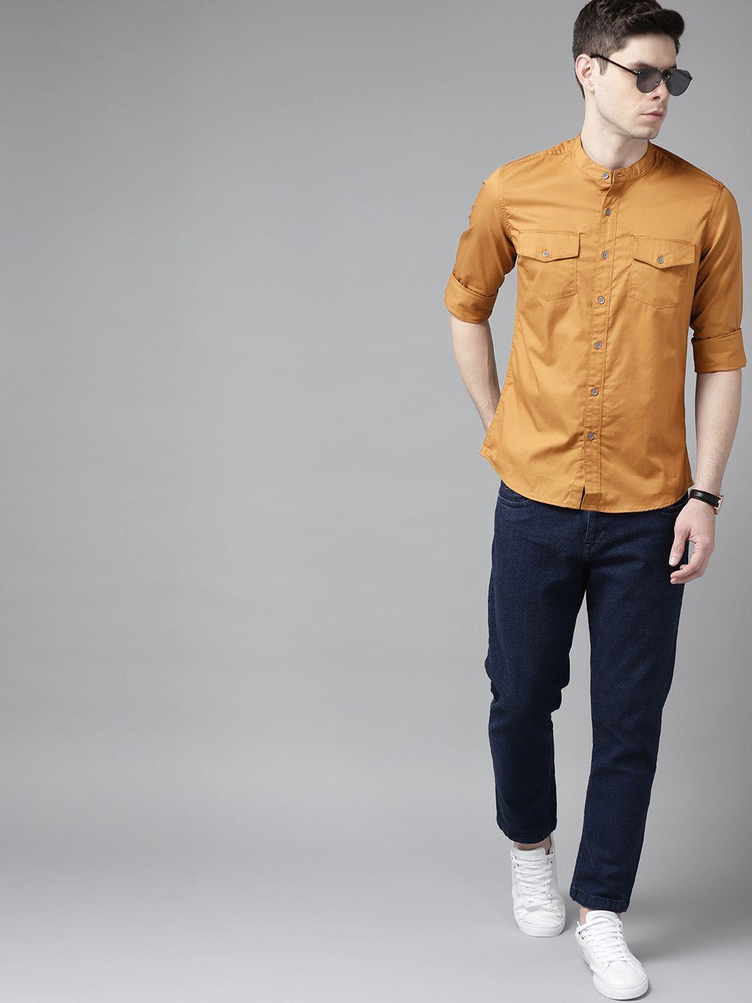 beat london by pepe jeans men mustard yellow pure cotton slim fit opaque casual shirt