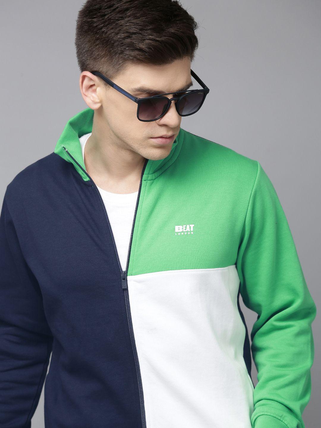 beat london by pepe jeans men navy blue & sea green colourblocked front-open sweatshirt