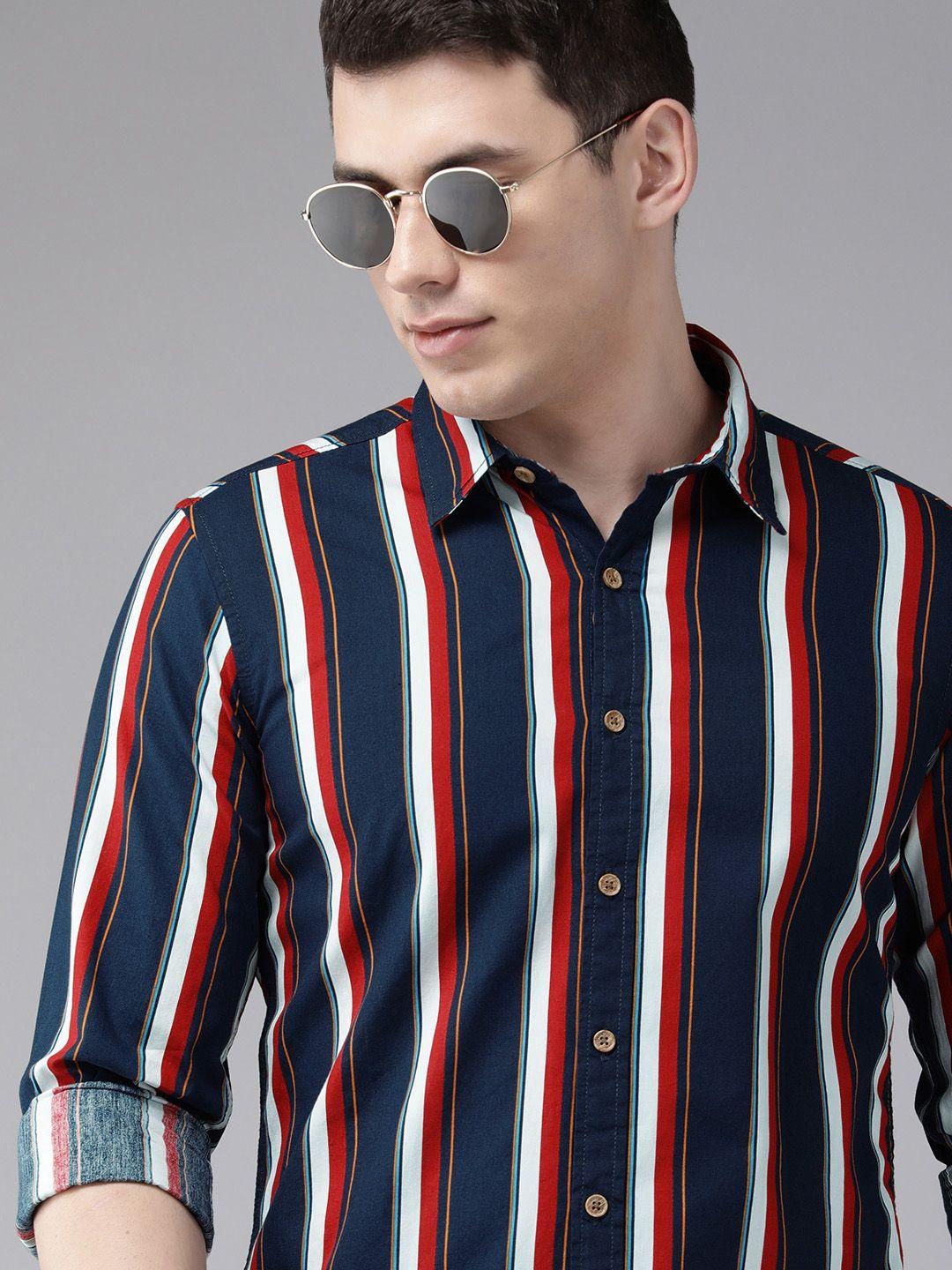 beat london by pepe jeans men navy blue & white striped pure cotton casual shirt