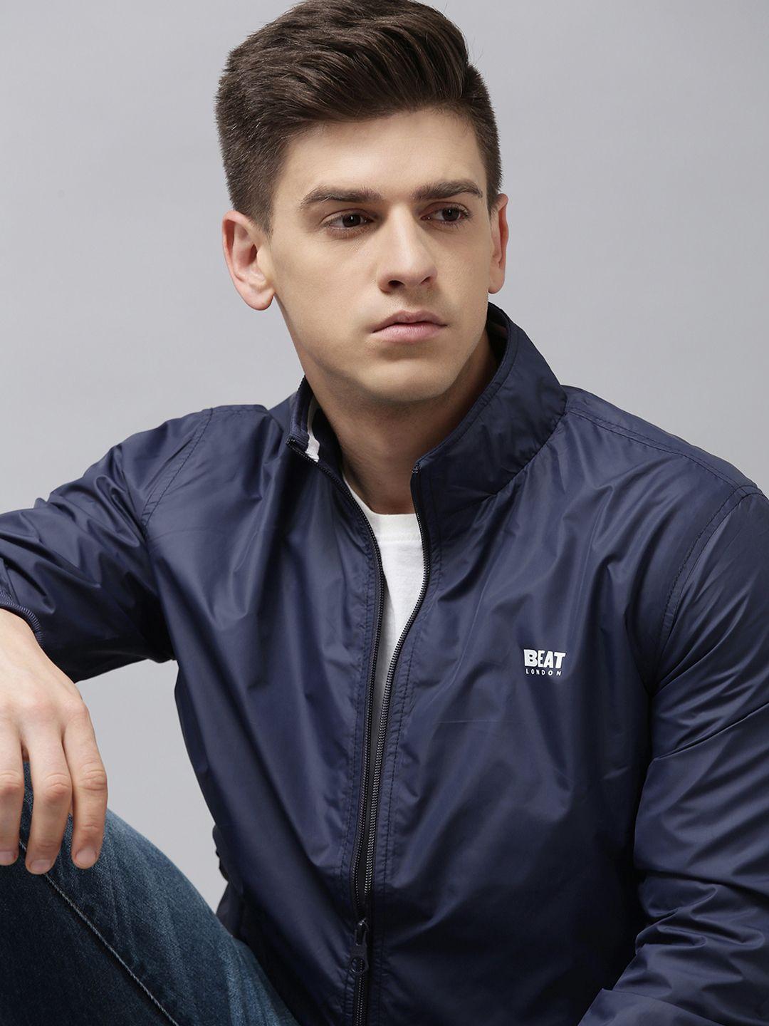 beat london by pepe jeans men navy blue brand logo printed lightweight bomber jacket