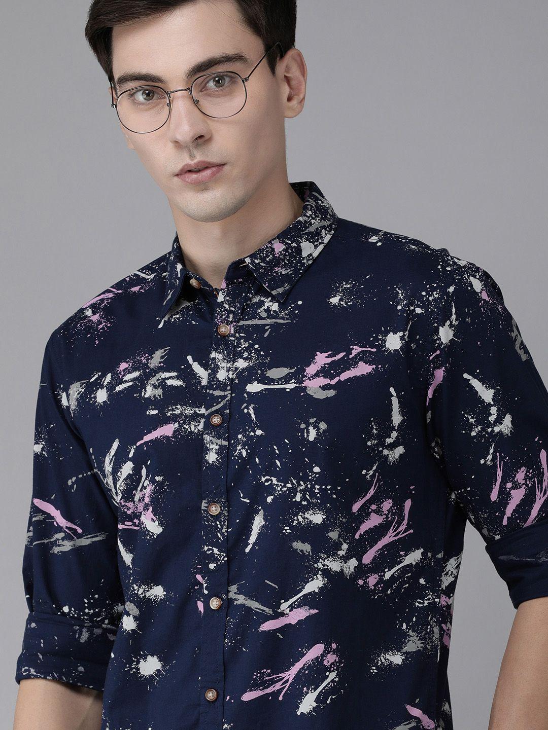 beat london by pepe jeans men navy blue slim fit printed casual shirt