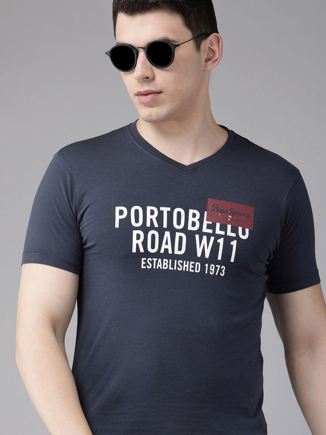 beat london by pepe jeans men navy blue typography printed slim fit t-shirt