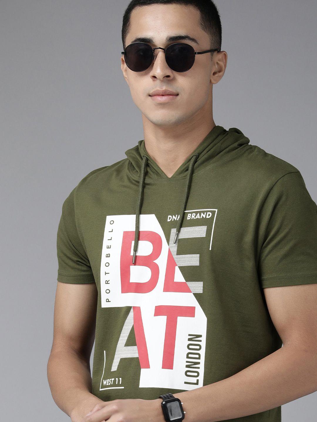 beat london by pepe jeans men olive green & white typography printed t-shirt