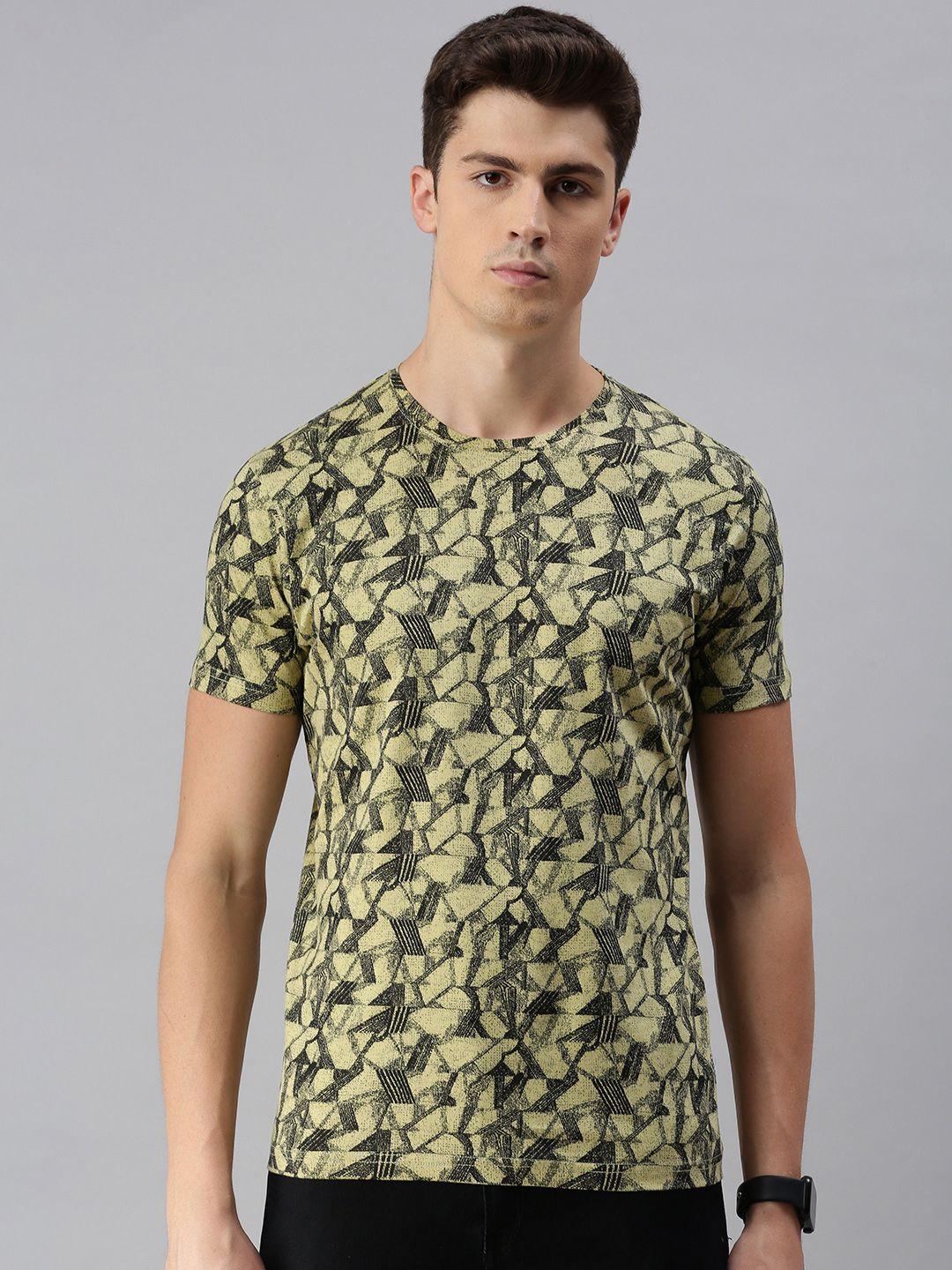 beat london by pepe jeans men olive green  black printed slim fit round neck pure cotton t-shirt