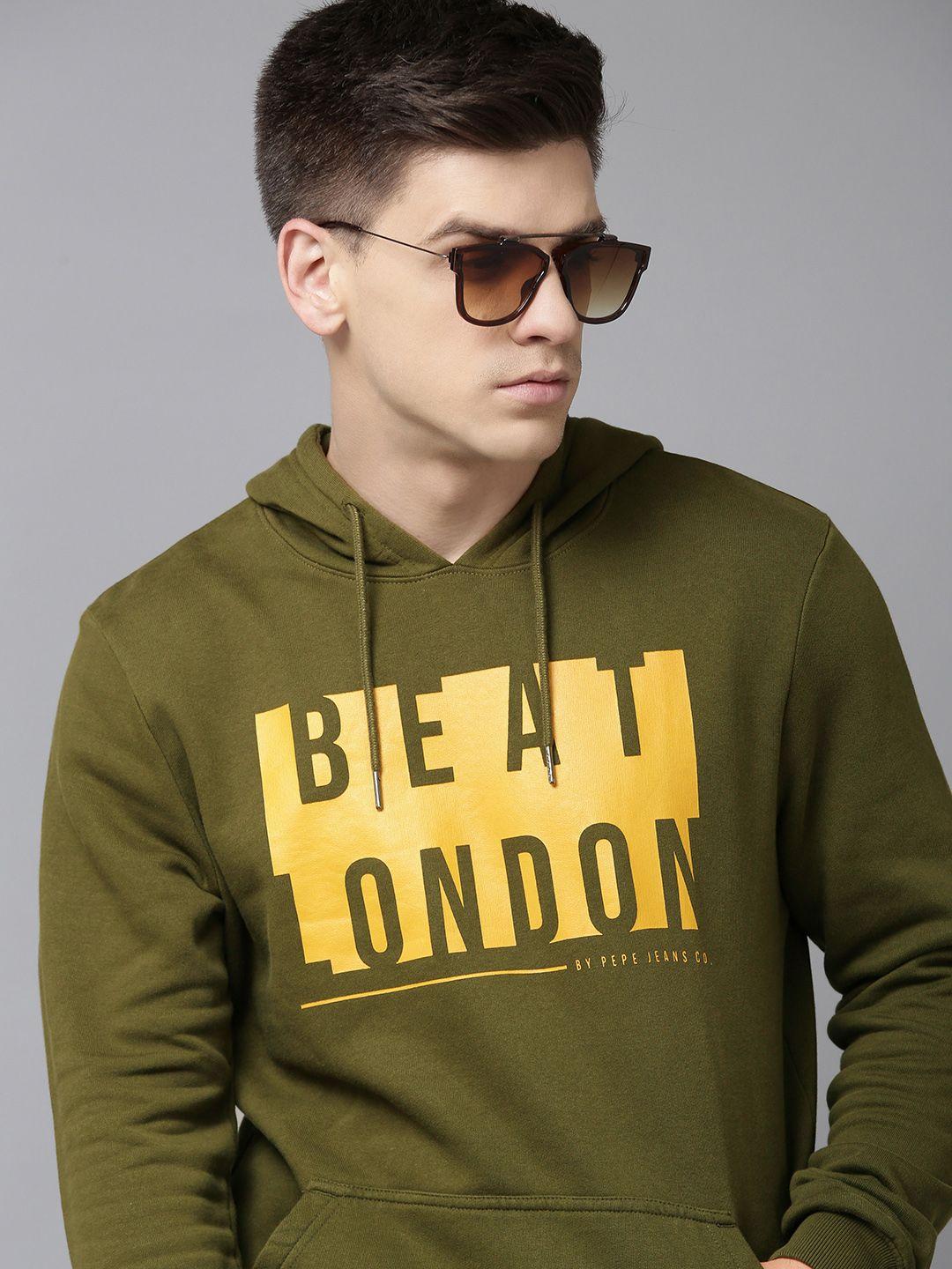 beat london by pepe jeans men olive green brand logo print hooded pure cotton sweatshirt