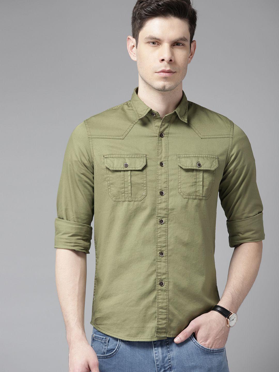 beat london by pepe jeans men olive green solid slim fit pure cotton casual shirt