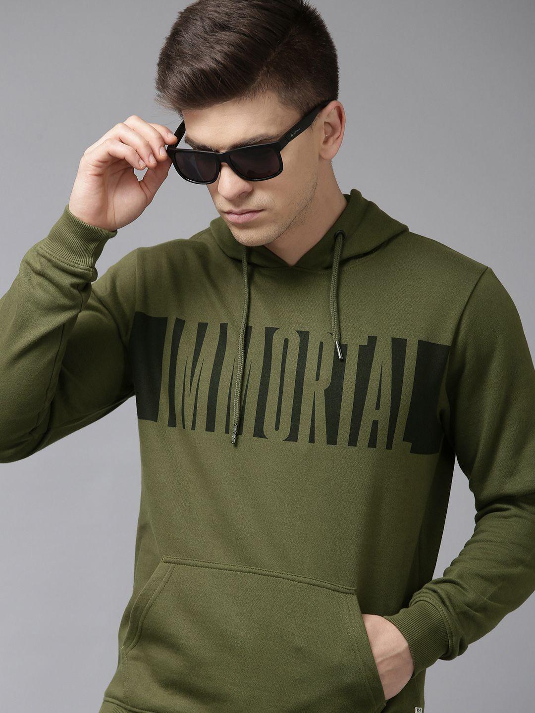 beat london by pepe jeans men olive green typography printed hooded sweatshirt