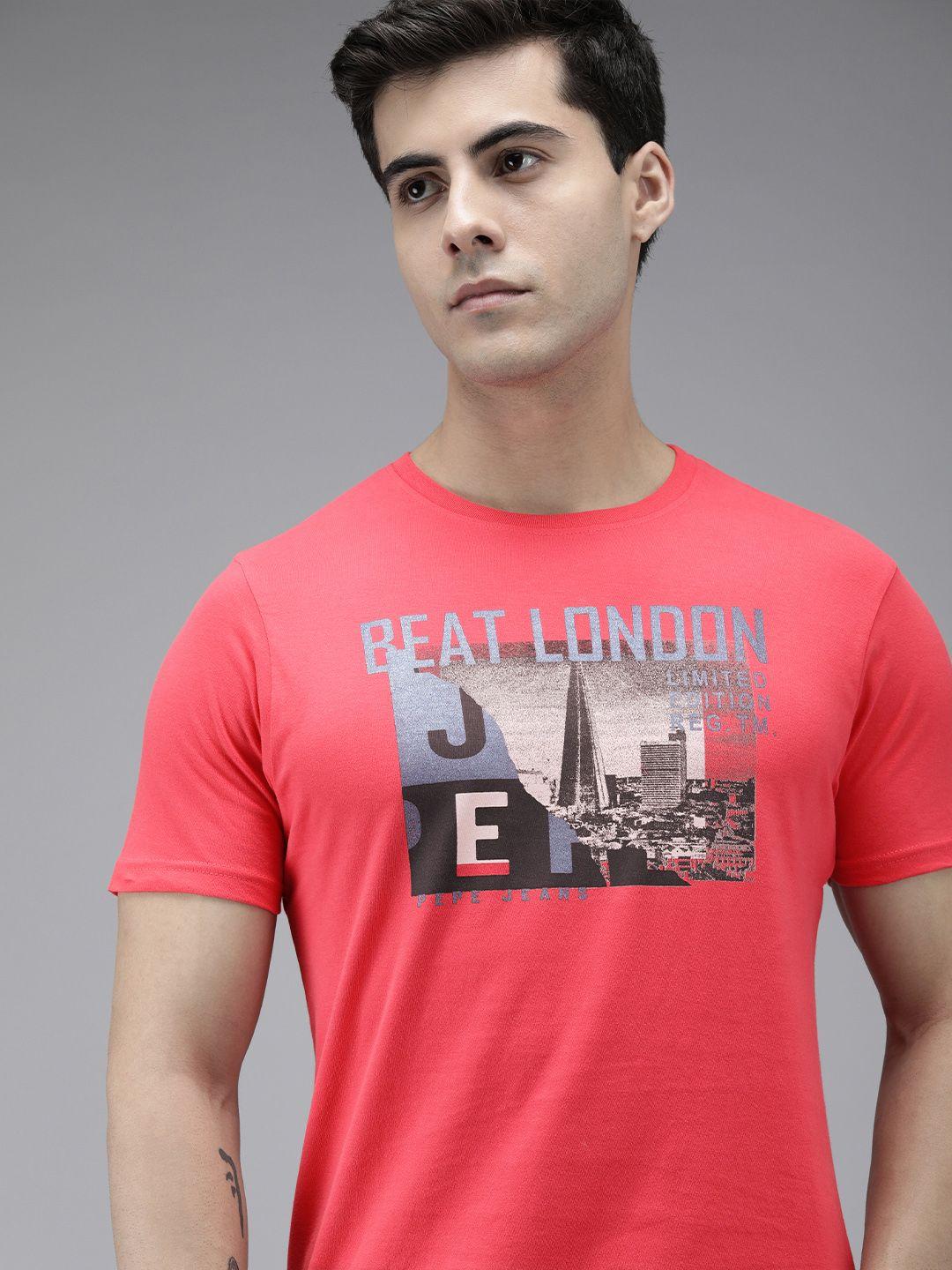 beat london by pepe jeans men pink printed pure cotton slim fit t-shirt
