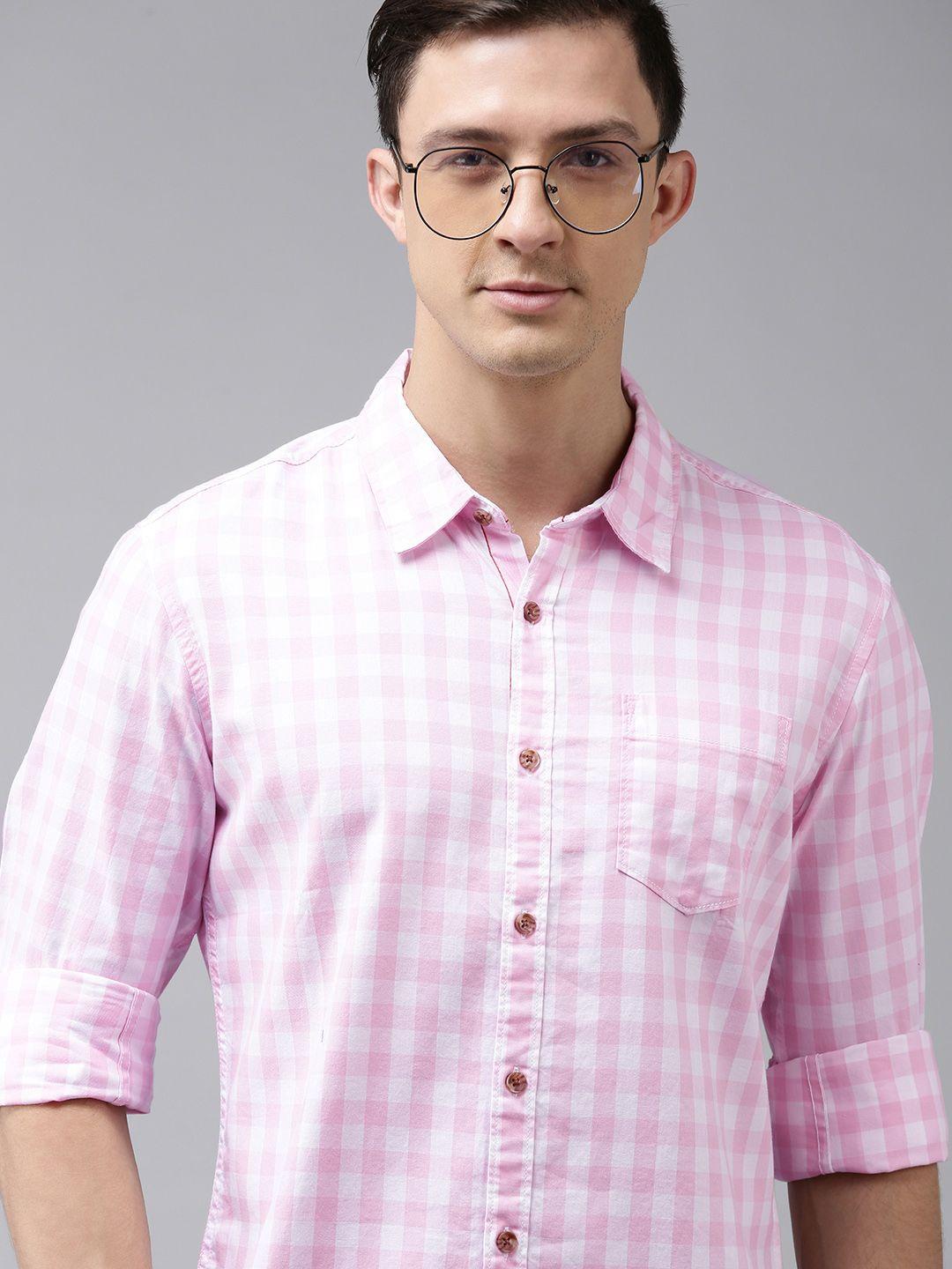 beat london by pepe jeans men pink slim fit checked pure cotton casual shirt