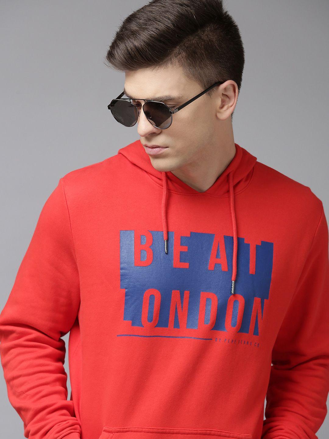 beat london by pepe jeans men red brand logo printed hooded sweatshirt