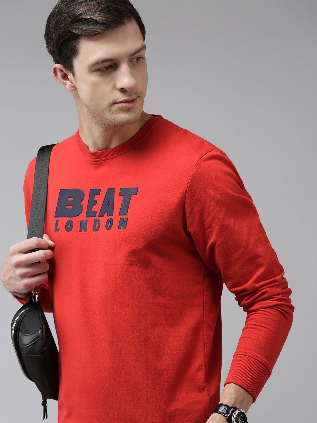 beat london by pepe jeans men red brand logo printed round neck pure cotton sweatshirt