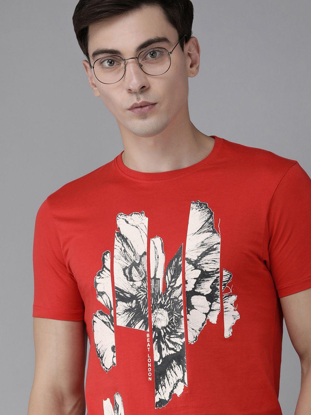 beat london by pepe jeans men red printed cowl neck slim fit casual t-shirt