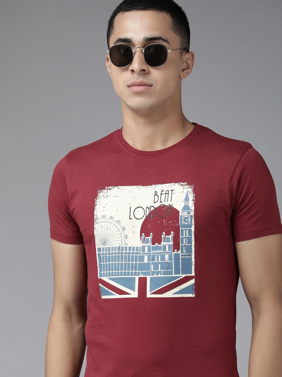 beat london by pepe jeans men red printed pure cotton slim fit t-shirt