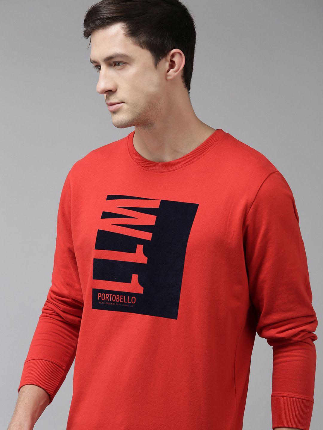 beat london by pepe jeans men red printed round neck pure cotton sweatshirt