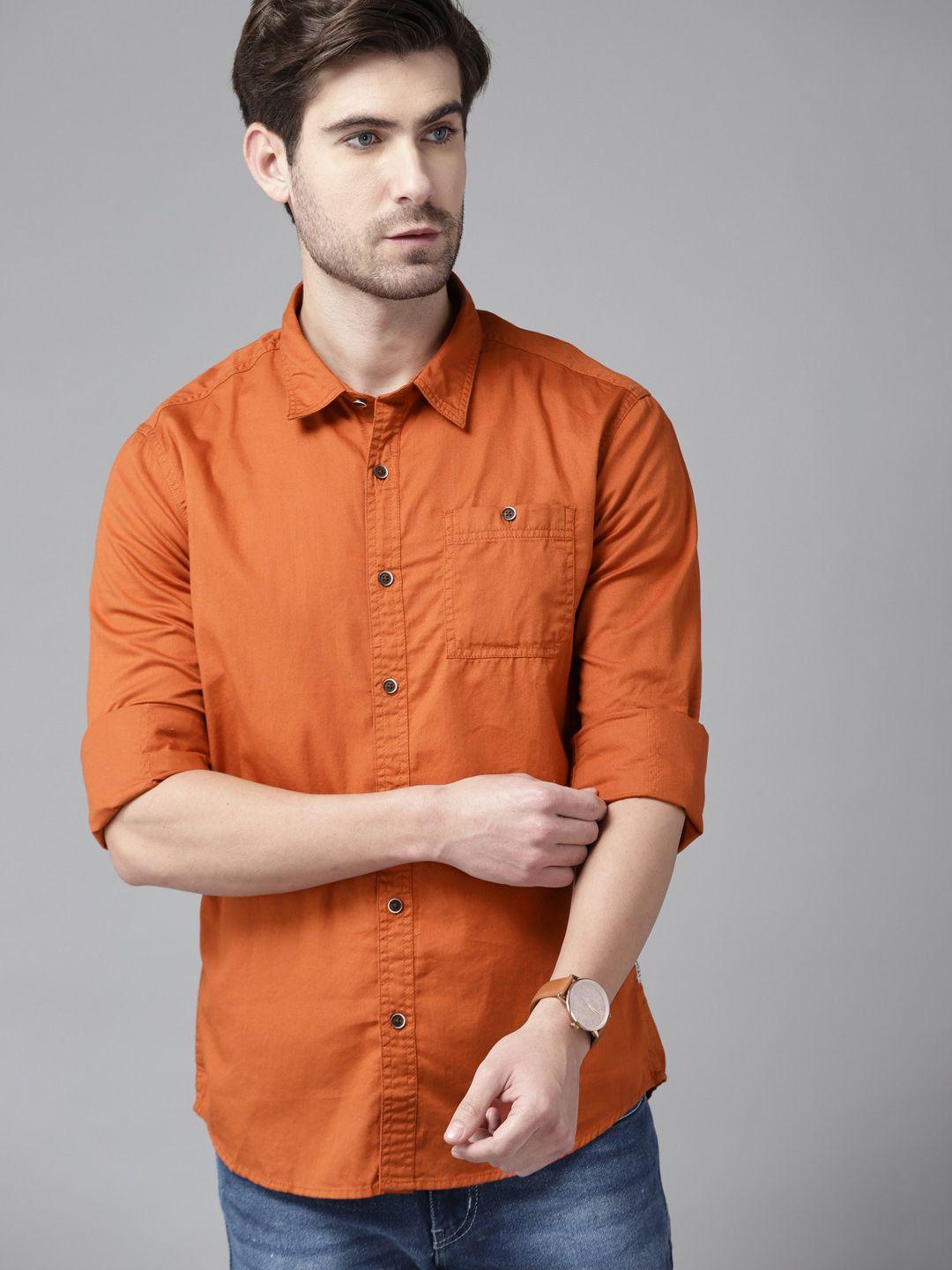 beat london by pepe jeans men rust orange pure cotton solid slim fit casual shirt