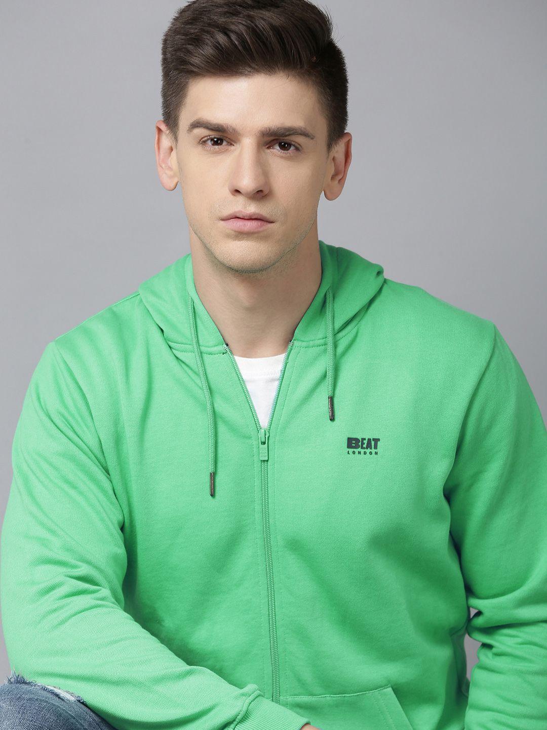 beat london by pepe jeans men sea green solid front-open hooded sweatshirt