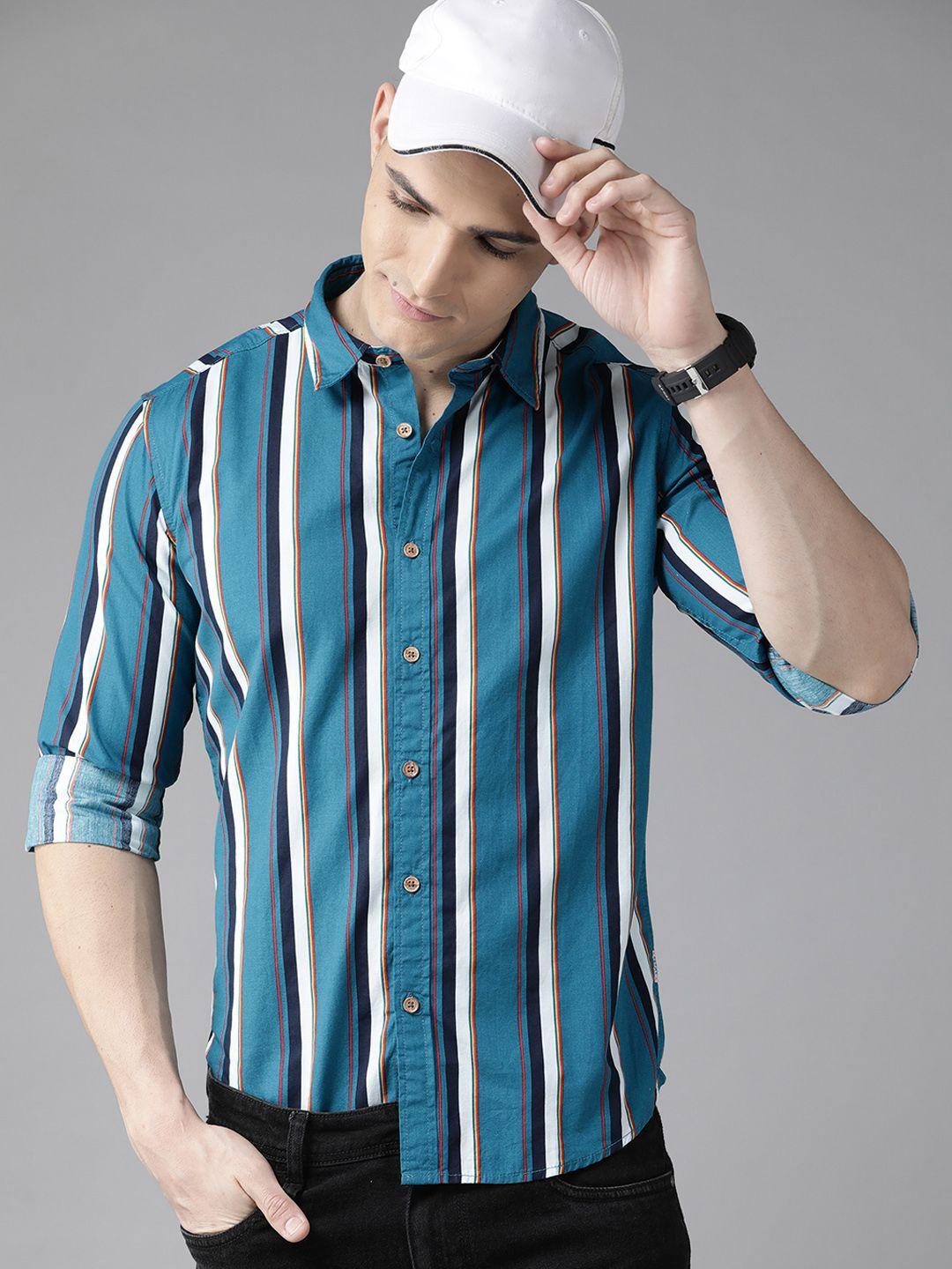 beat london by pepe jeans men teal blue & off-white pure cotton slim fit striped shirt