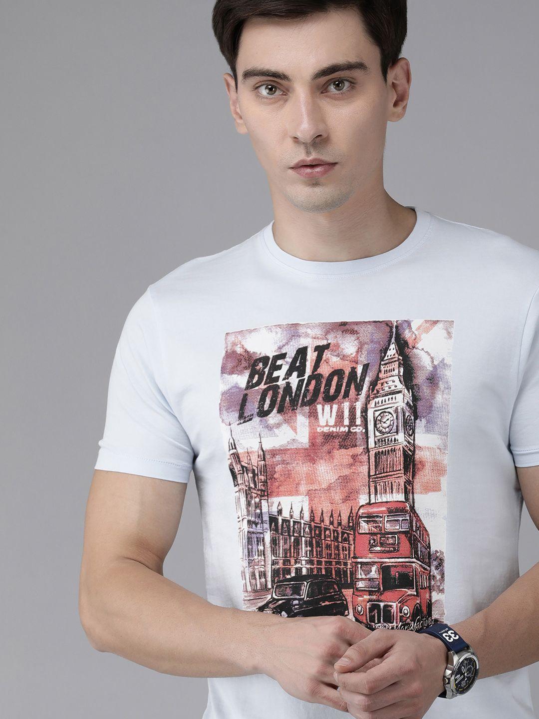 beat london by pepe jeans men white & brown printed pure cotton slim fit t-shirt