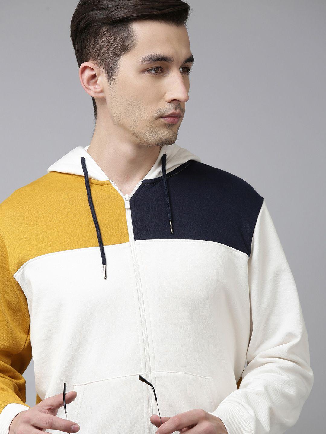 beat london by pepe jeans men white & yellow colourblocked hooded sweatshirt