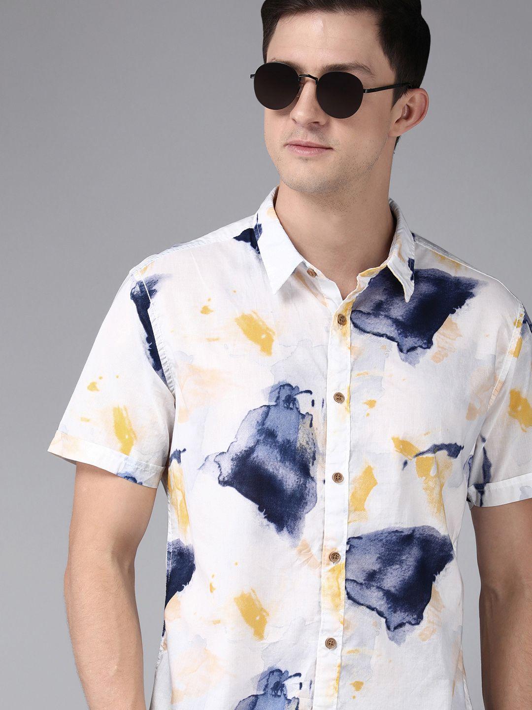 beat london by pepe jeans men white classic slim fit abstract opaque printed casual shirt