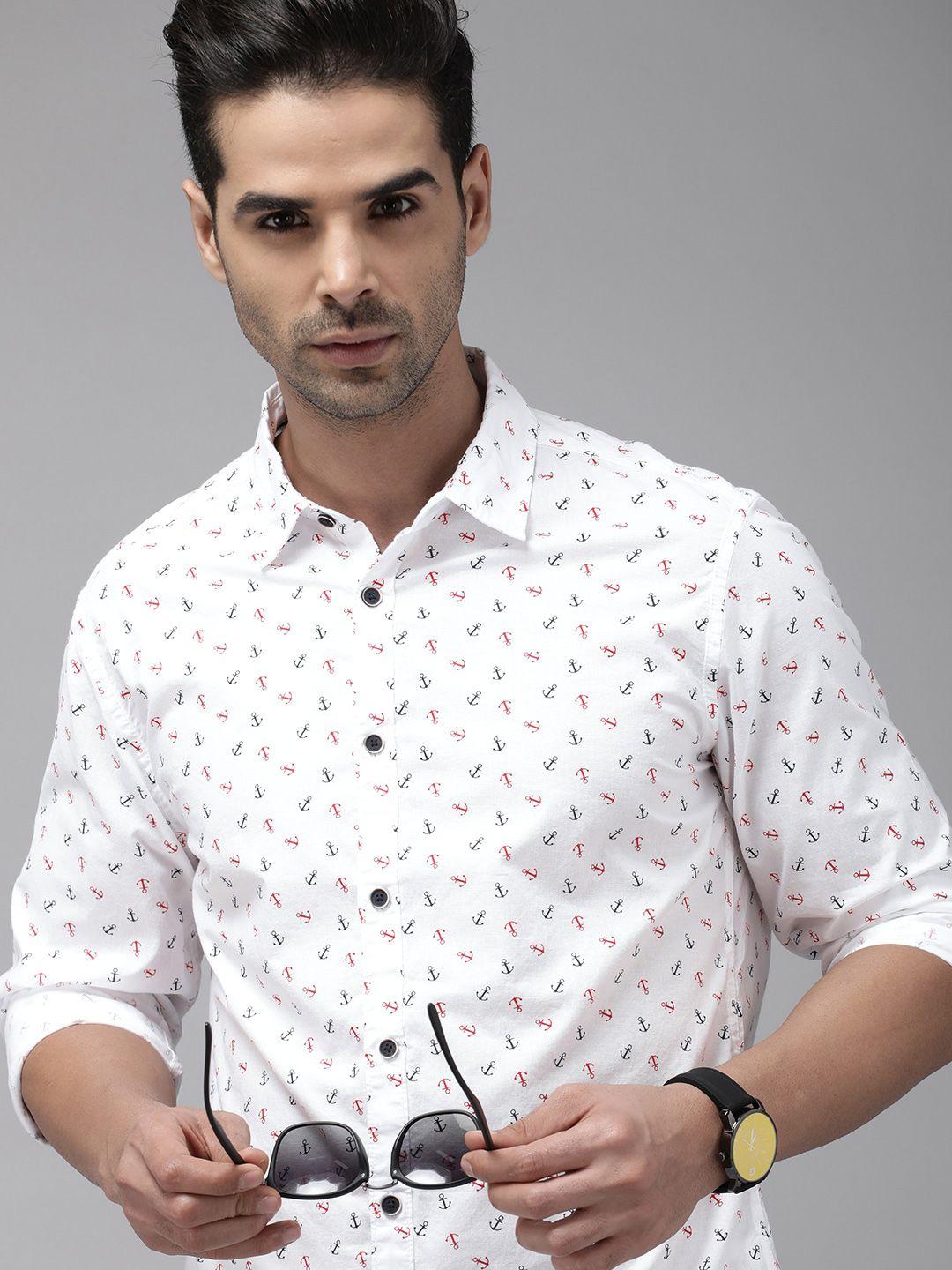 beat london by pepe jeans men white slim fit printed pure cotton casual shirt