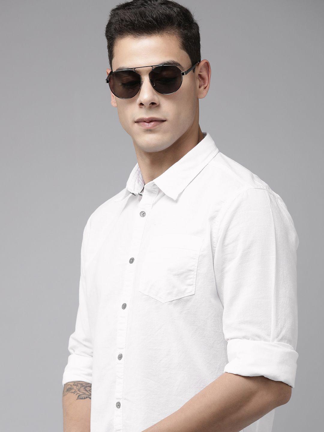 beat london by pepe jeans men white solid slim fit pure cotton casual shirt