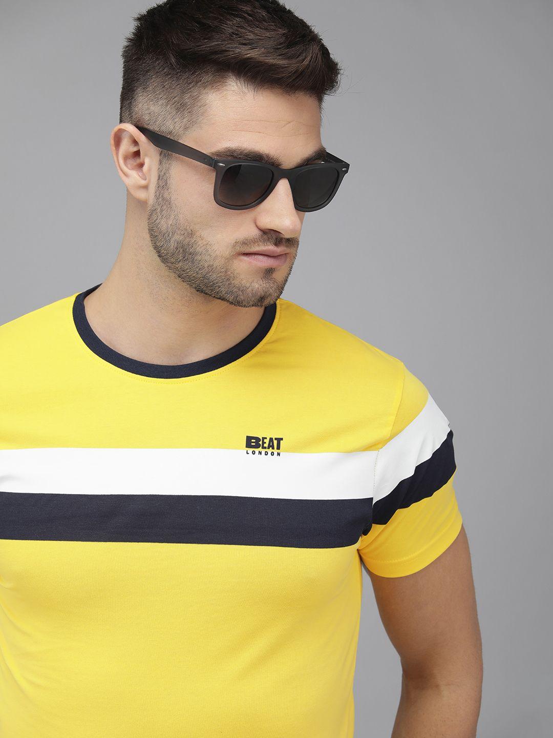 beat london by pepe jeans men yellow & black stripe printed pure cotton t-shirt