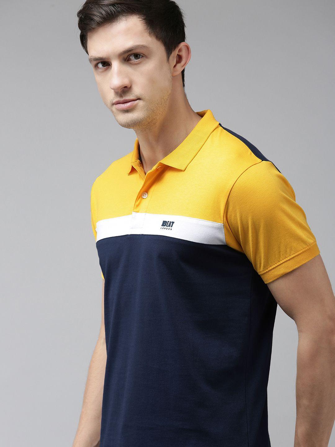 beat london by pepe jeans men yellow  navy blue colourblocked polo collar pure cotton t-shirt