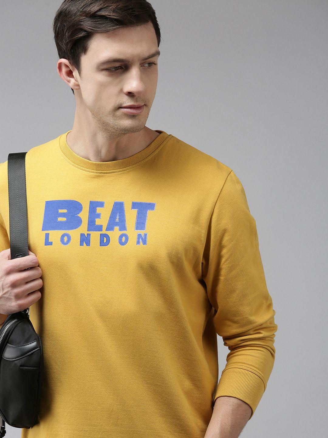 beat london by pepe jeans men yellow brand logo printed round neck pure cotton sweatshirt