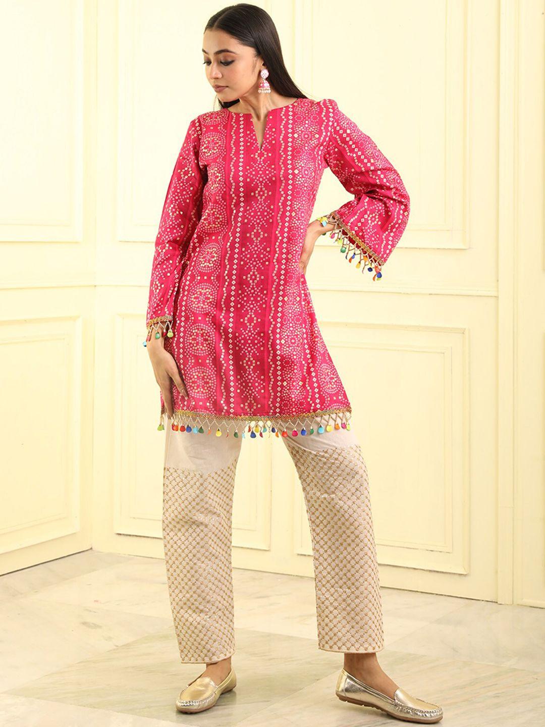 beatitude bandhani printed beads and stones pure cotton kurti with trousers