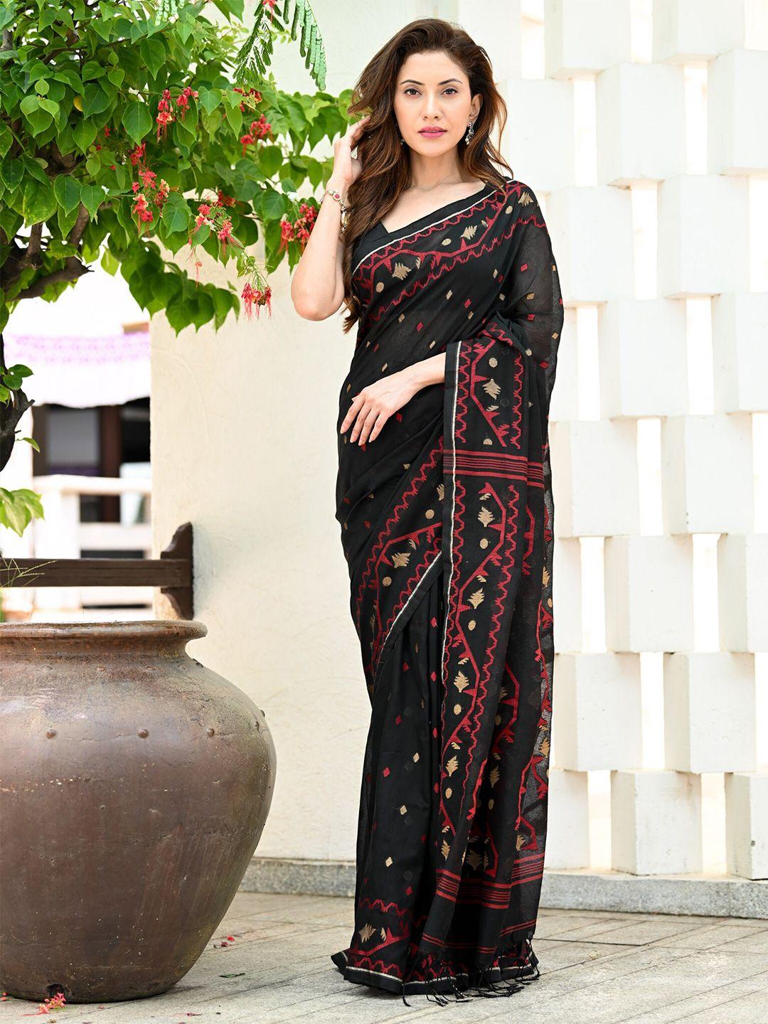 beatitude black & beige woven design pure cotton handloom jamdani saree