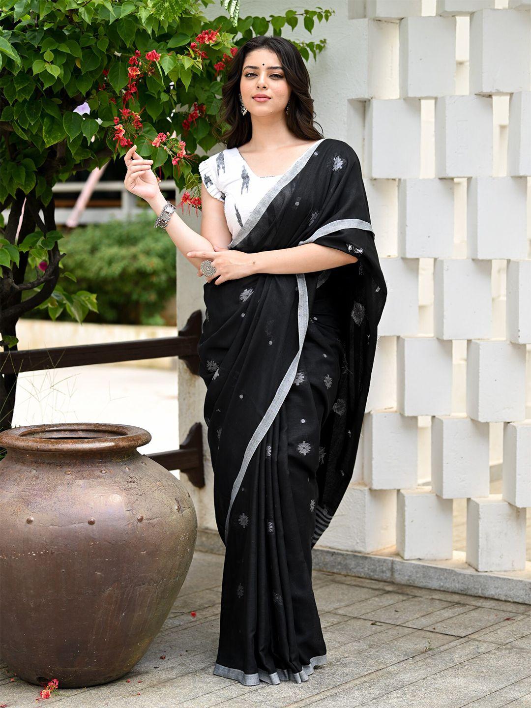 beatitude black & grey woven design pure cotton saree