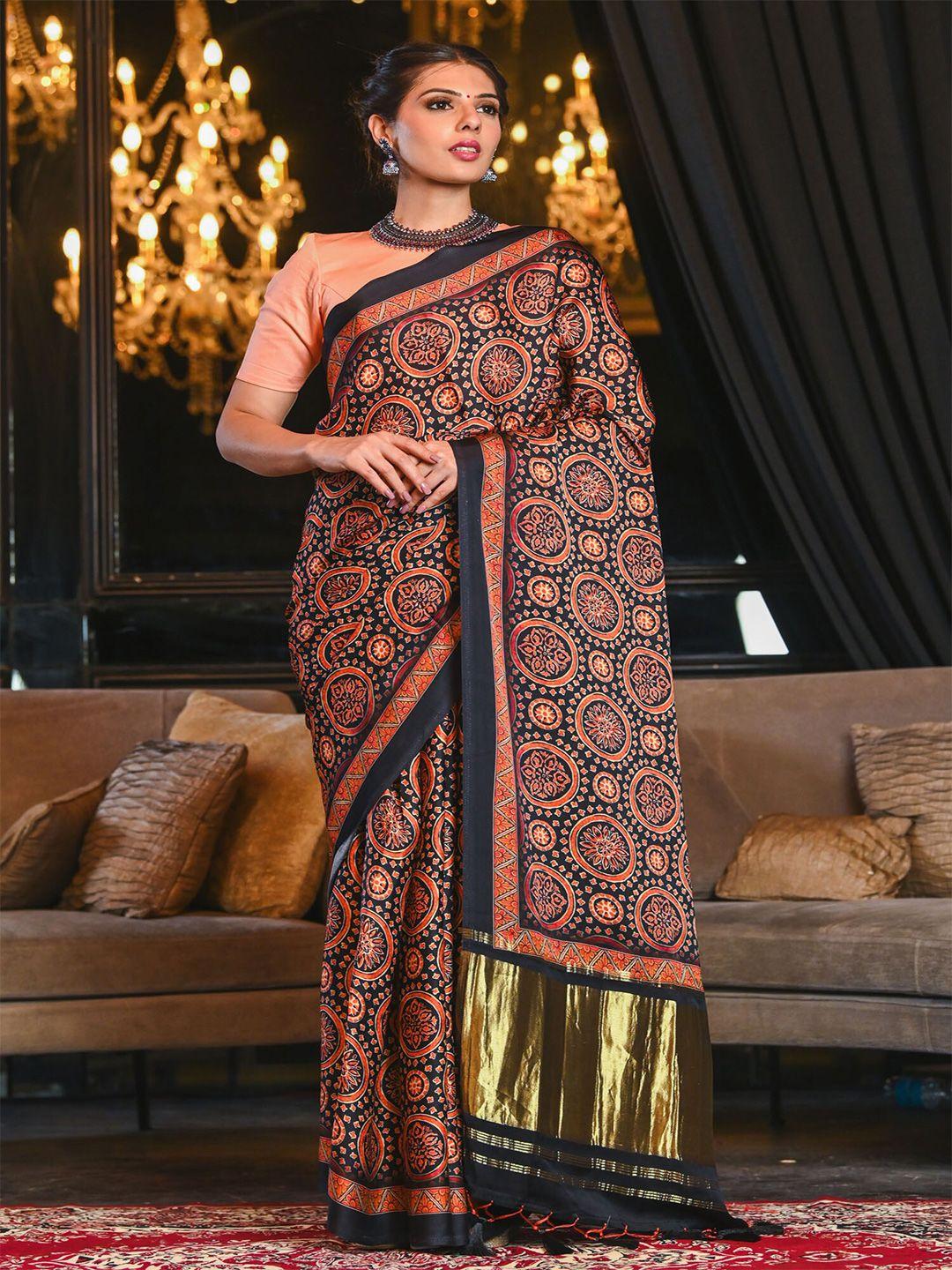 beatitude black & orange silk blend saree