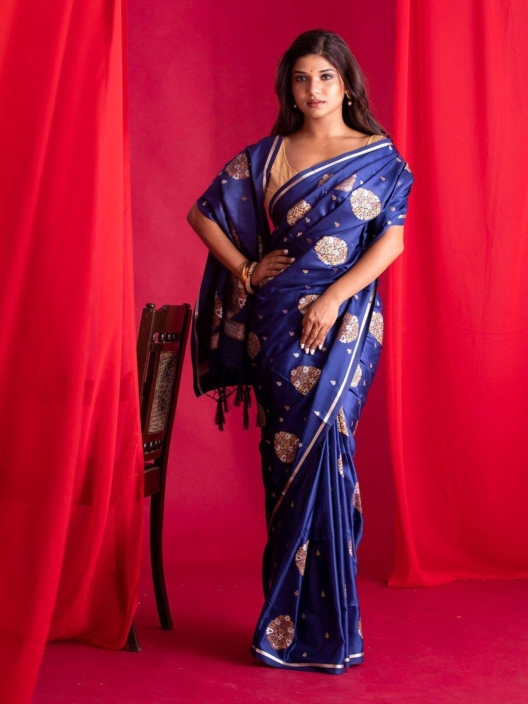 beatitude blue & gold-toned floral zari silk blend banarasi saree