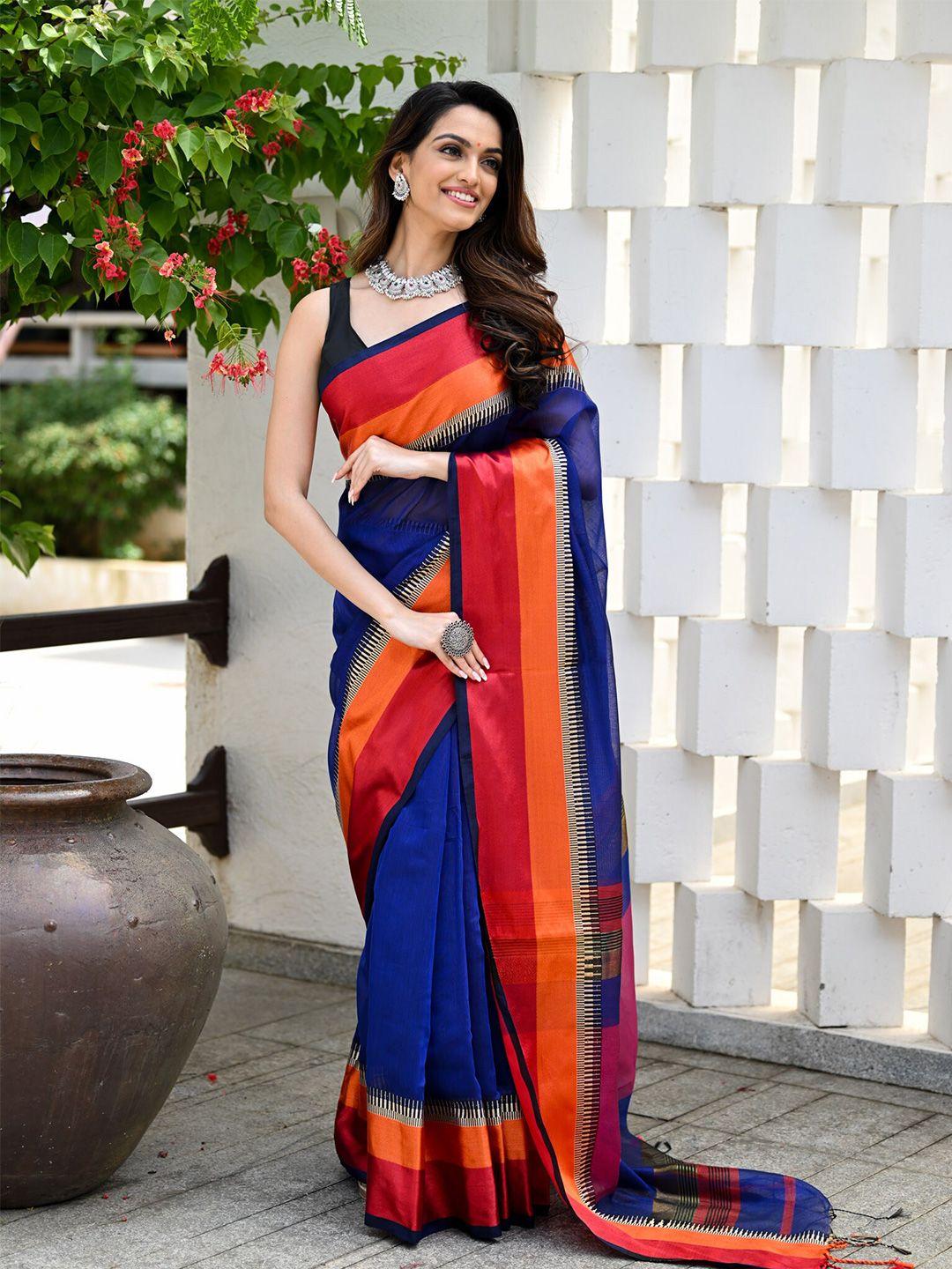 beatitude blue & red silk cotton handloom saree