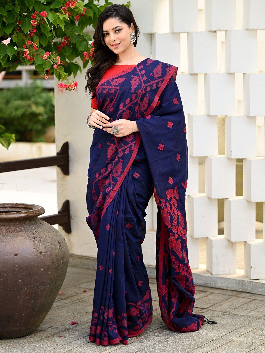 beatitude blue & red woven design pure cotton jamdani saree