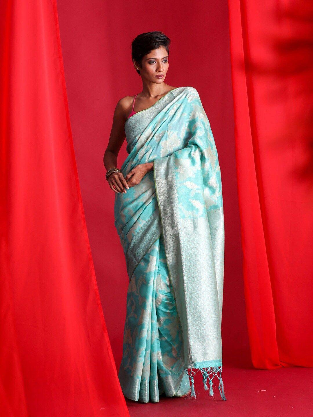 beatitude blue & silver-toned floral zari banarasi saree