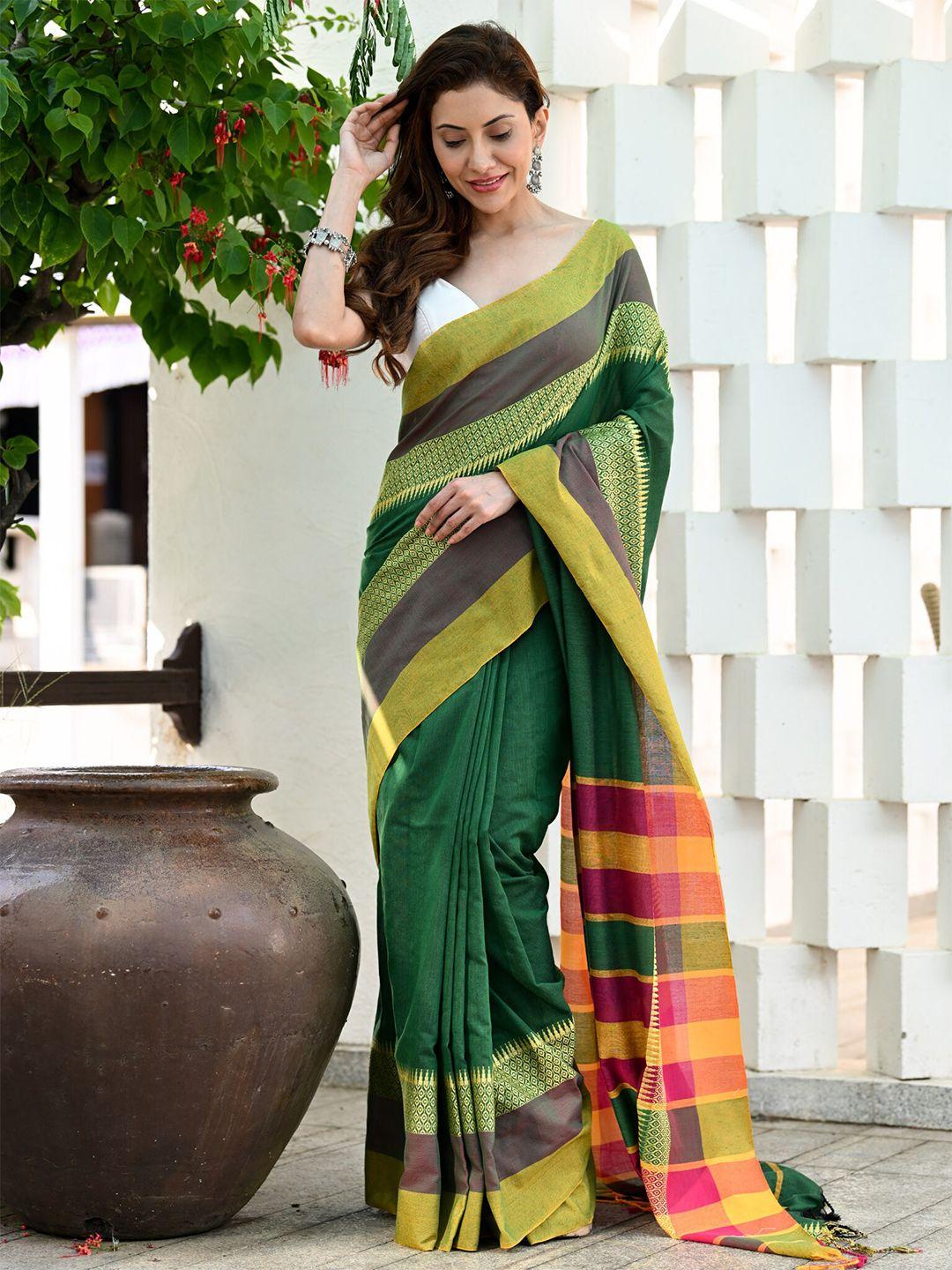 beatitude green & magenta woven design silk cotton saree
