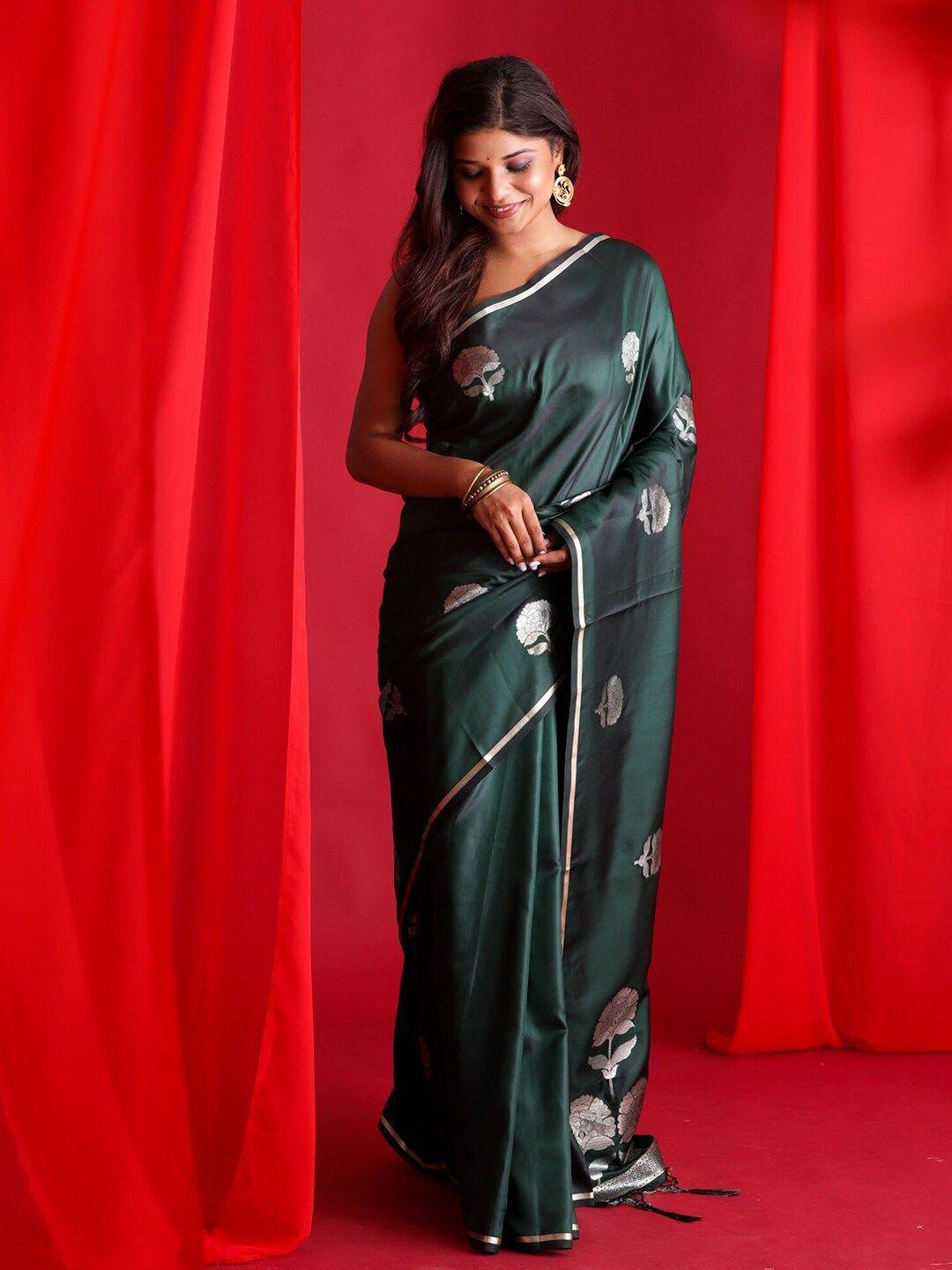 beatitude green & silver-toned ethnic motifs zari silk blend banarasi saree