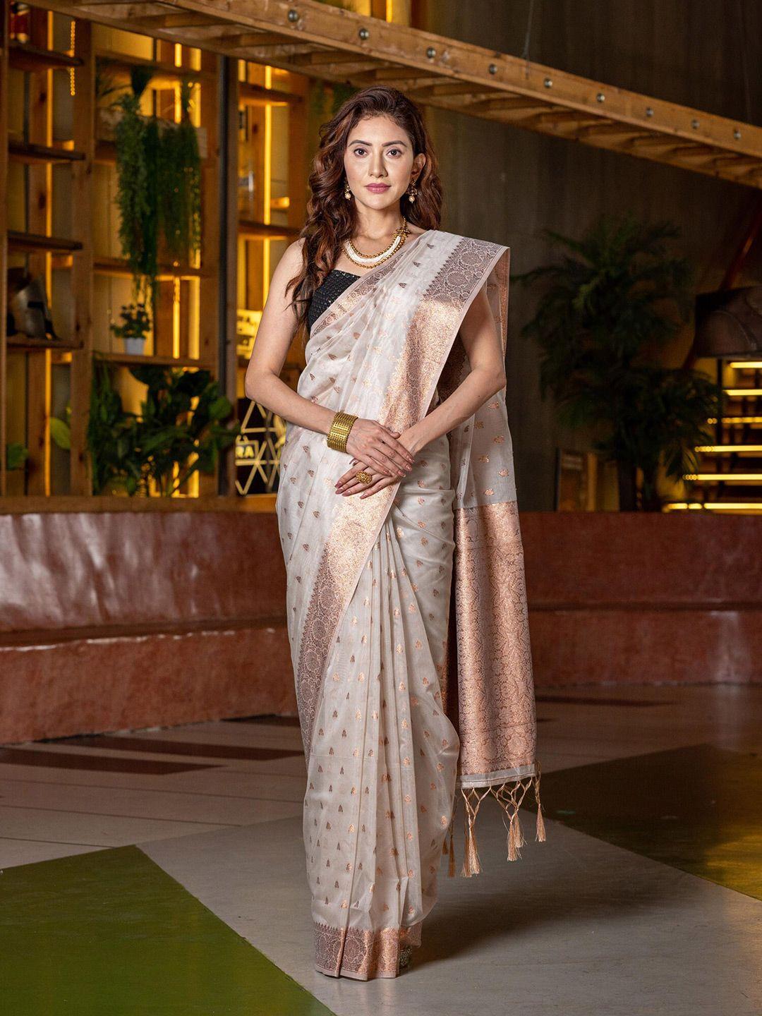 beatitude grey & copper-toned ethnic motifs zari cotton blend saree
