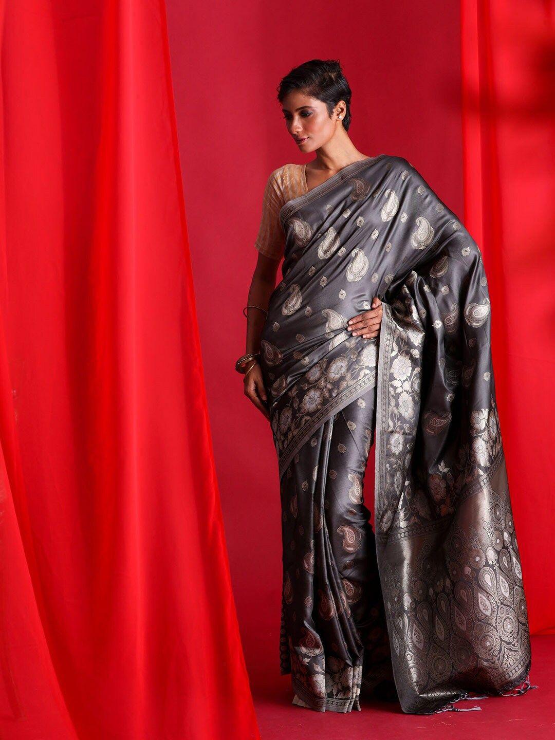 beatitude grey & silver-toned paisley zari silk blend banarasi saree