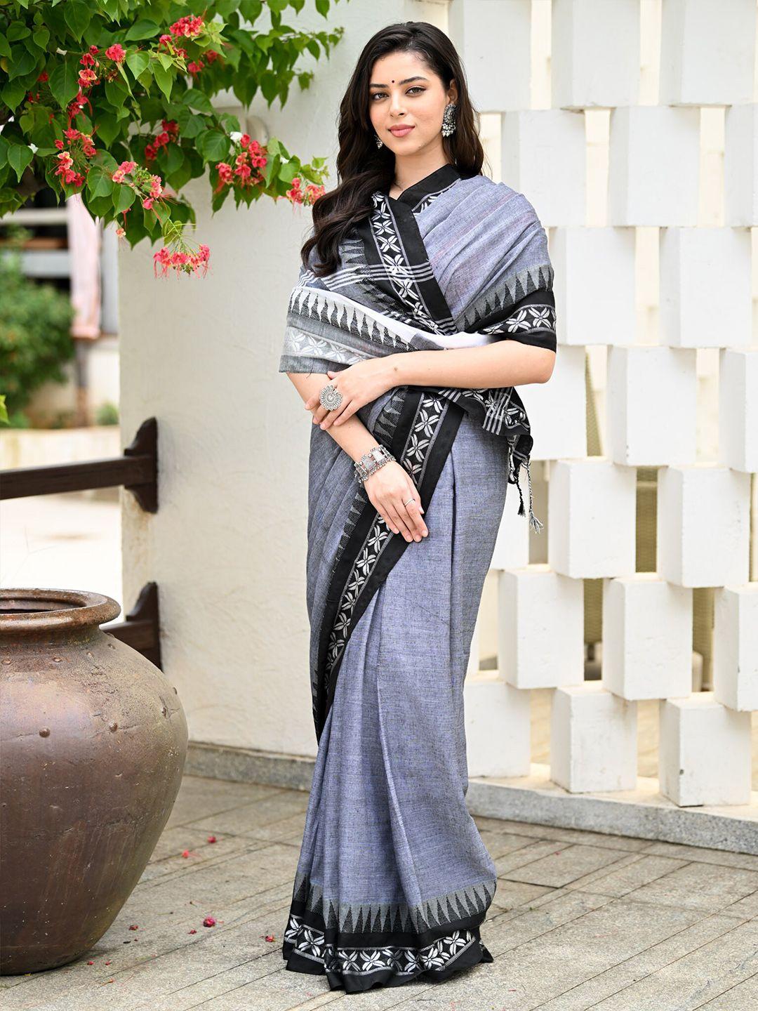 beatitude grey & white woven design pure cotton saree