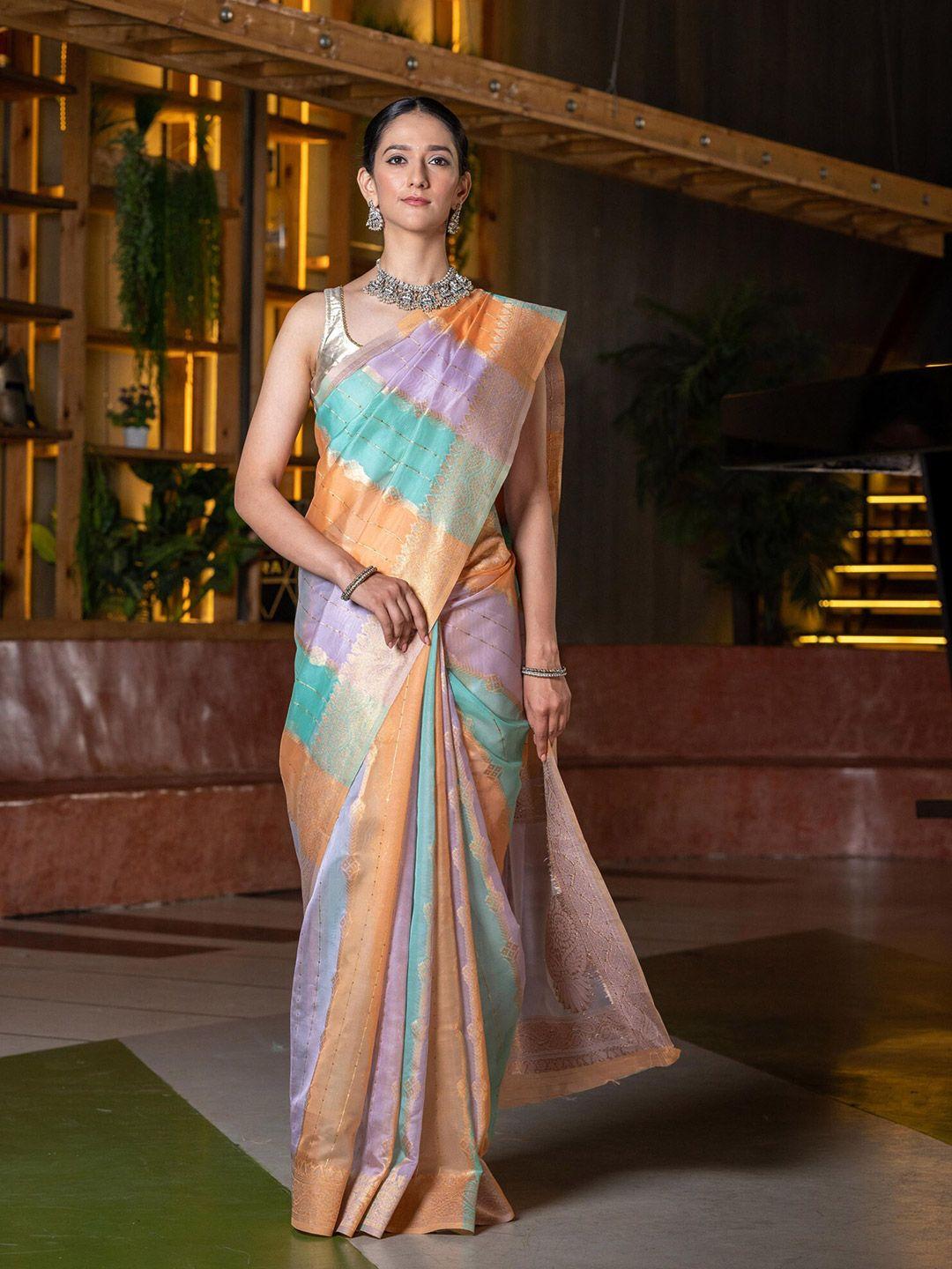 beatitude lavender & blue woven design organza saree