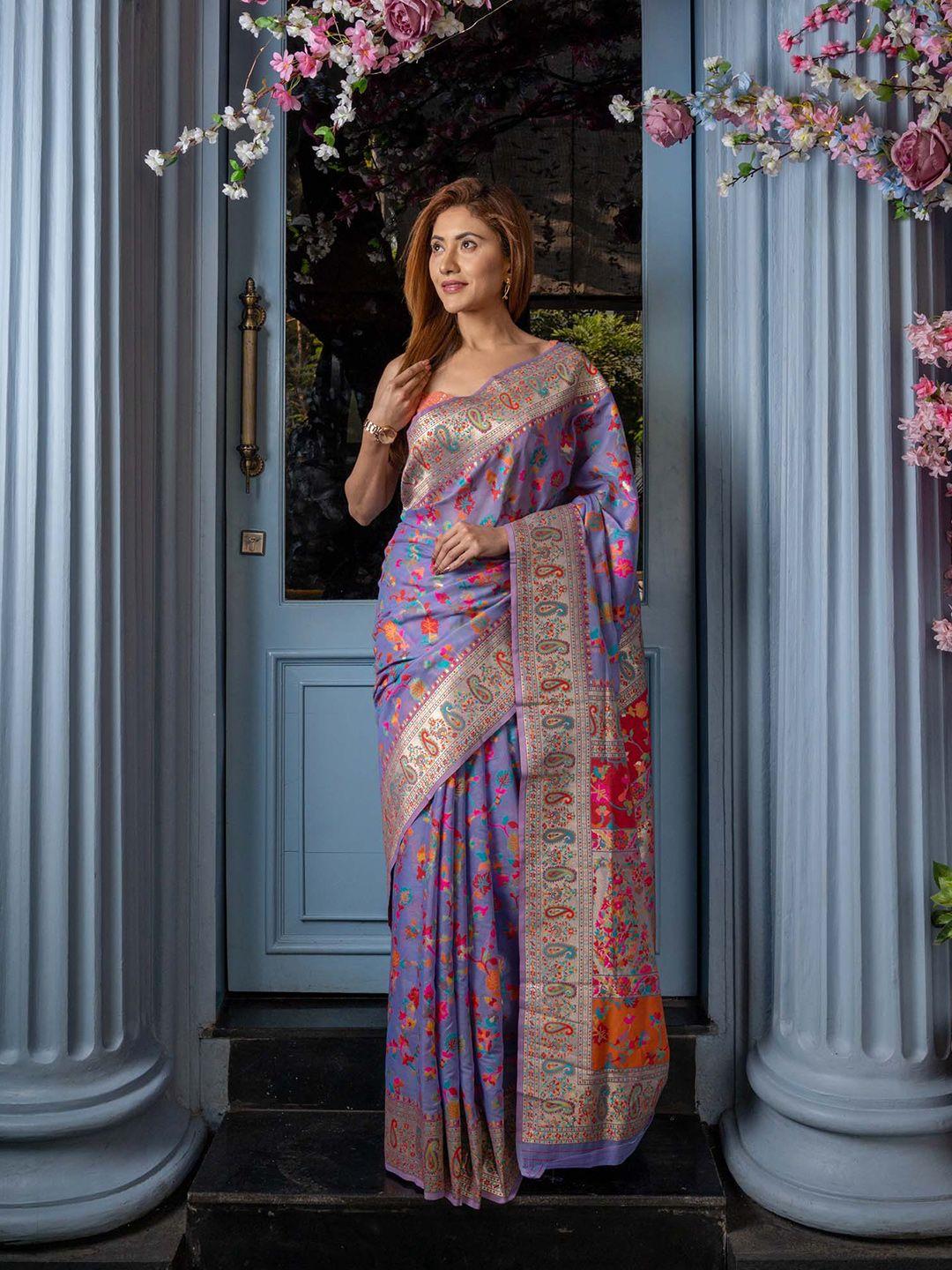 beatitude lavender & golden ethnic motifs silk blend saree