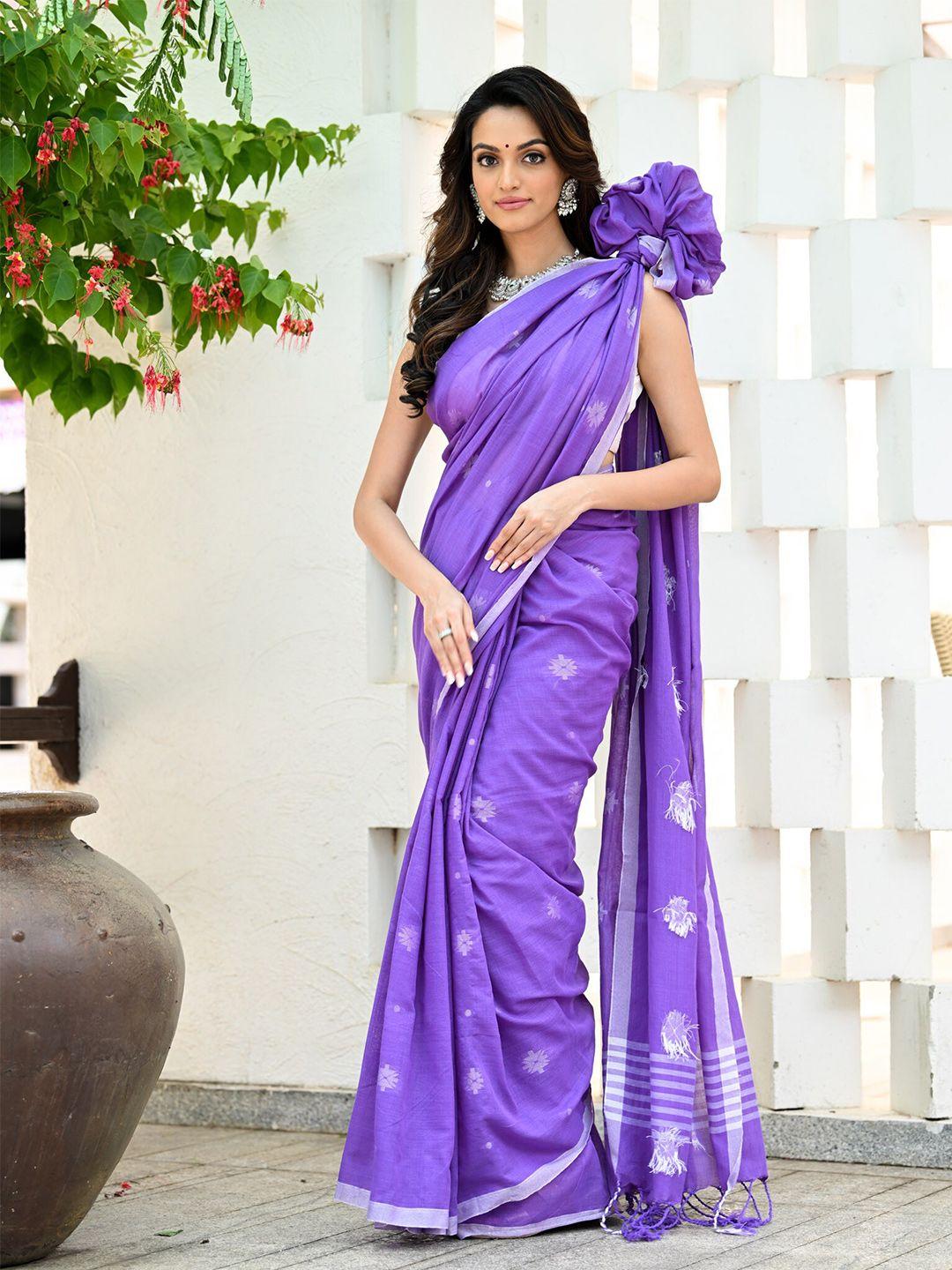 beatitude lavender & white woven design pure cotton jamdani saree
