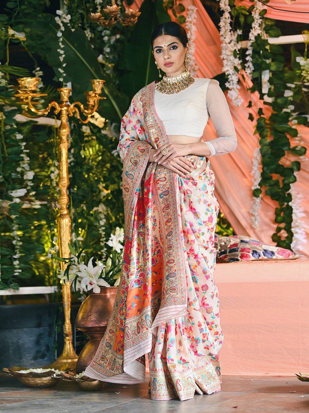 beatitude off white & pink floral silk blend saree