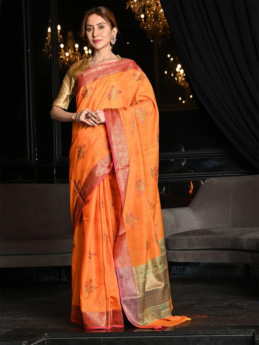 beatitude orange & gold-toned woven design zari pure silk tussar saree